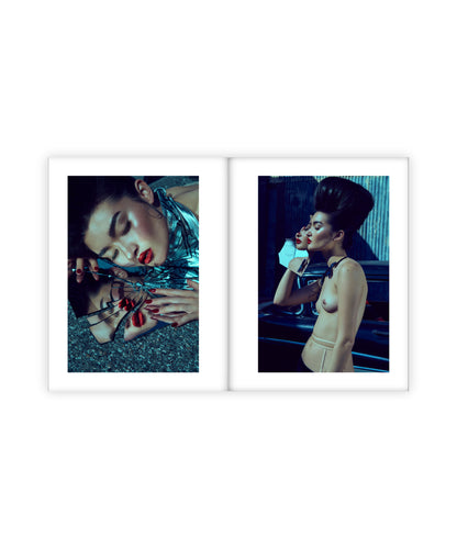 Two framed photographs of a woman in a stylish setting.