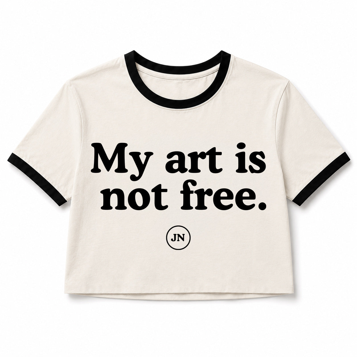 Vintage ringer T-shirt with words "My art is not free." The apparel supports artists' rights to create, own, and monetize off of their work while also supporting Jamie Nelson's fight in her federal court lawsuit.