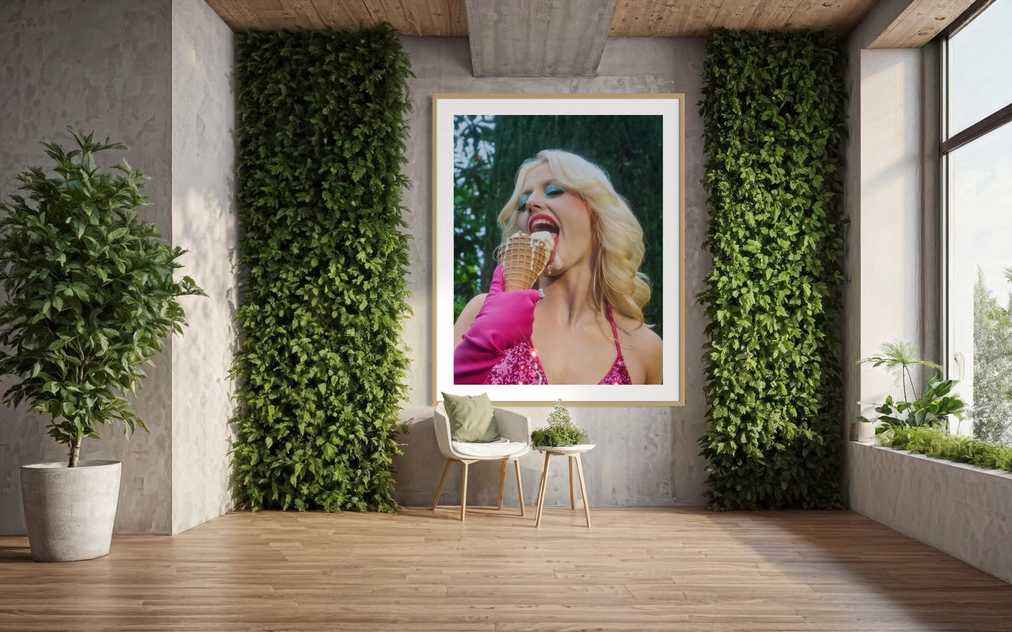Modern interior with a framed artwork of a woman in a pink dress, green plants, and a table.