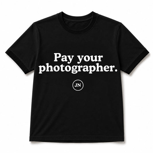 "Pay your photographer" black T-shirt. Copyright and photography gifts and apparel.