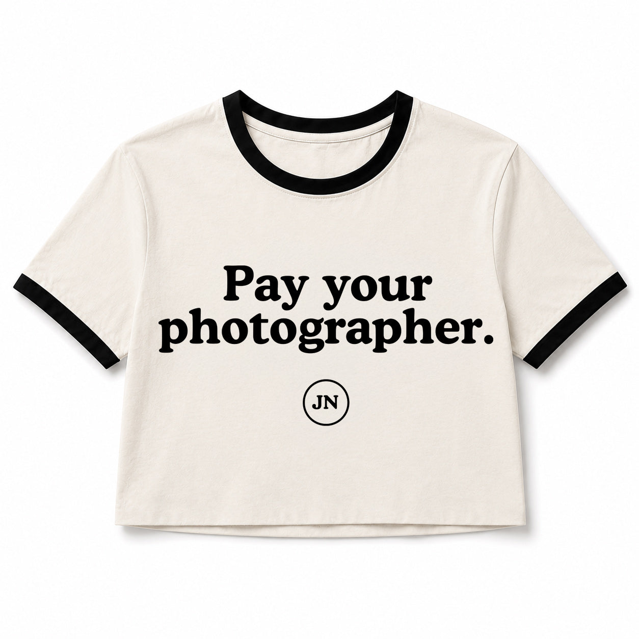 "Pay your photographer" cropped ringer T-shirt. In support of photographers' rights and getting fairly paid.