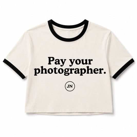 "Pay your photographer" cropped ringer T-shirt. In support of photographers' rights and getting fairly paid.