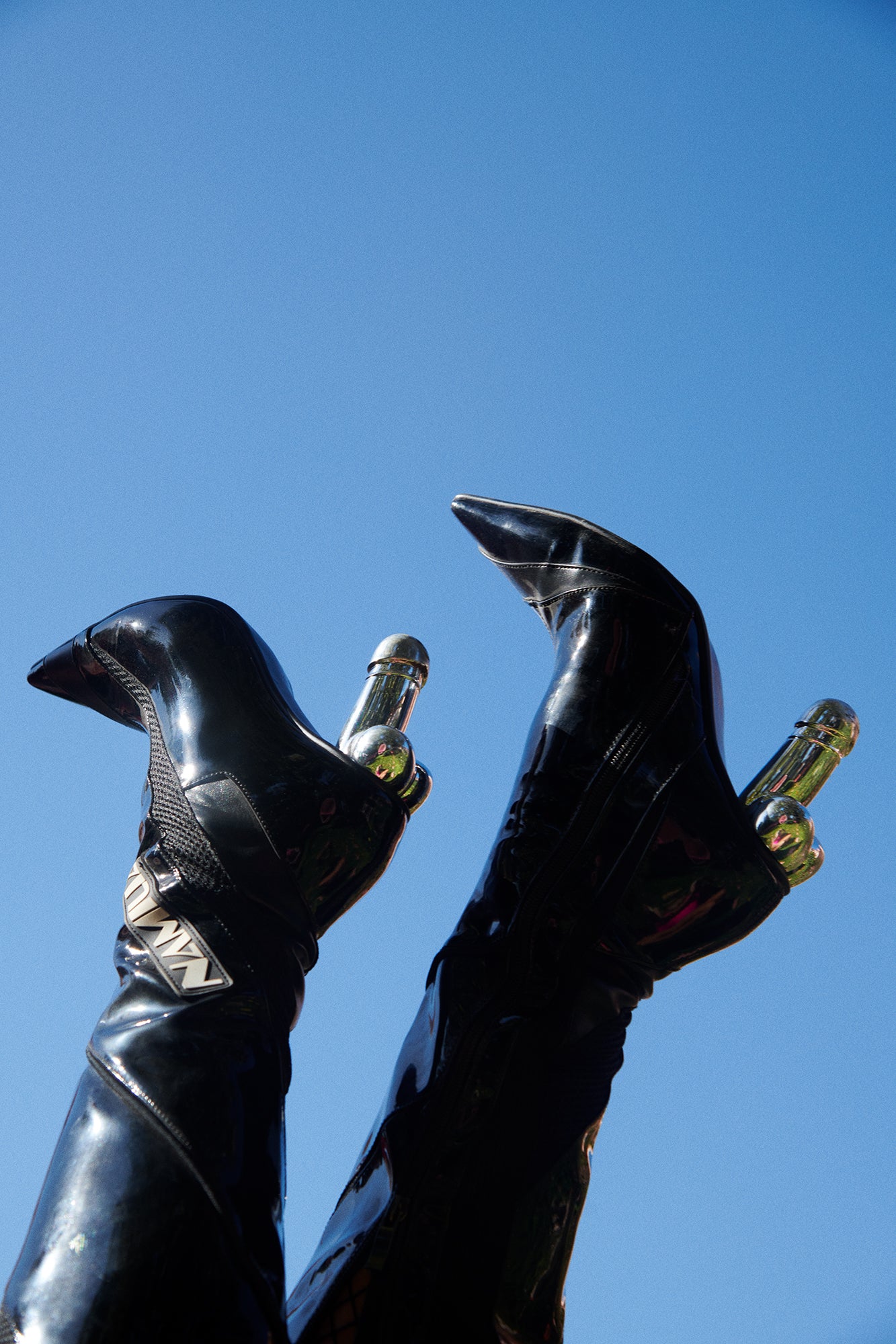 A photograph of a pair of black shiny boots with silver penis heels set against a blue sky, titled 'Penis Pumps'.