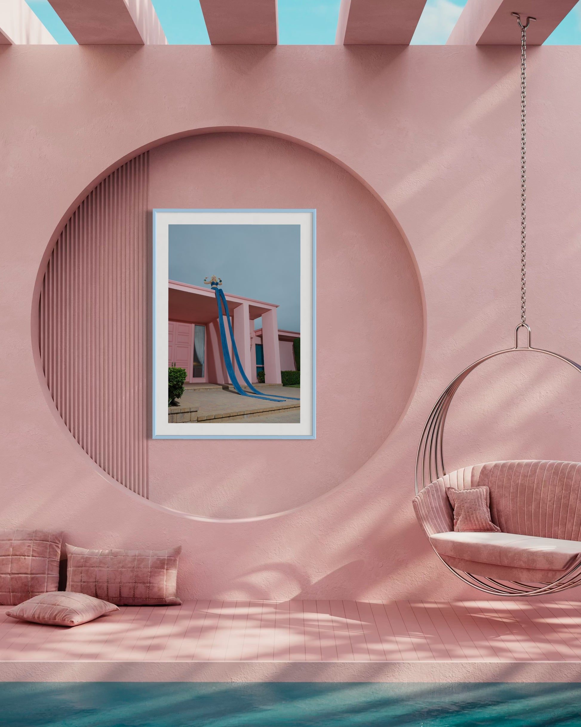 Artwork of a woman (Amy Taylor of punk band Amyl and the Sniffers) sitting on the rooftop of a pink house wearing the world's longest jeans.