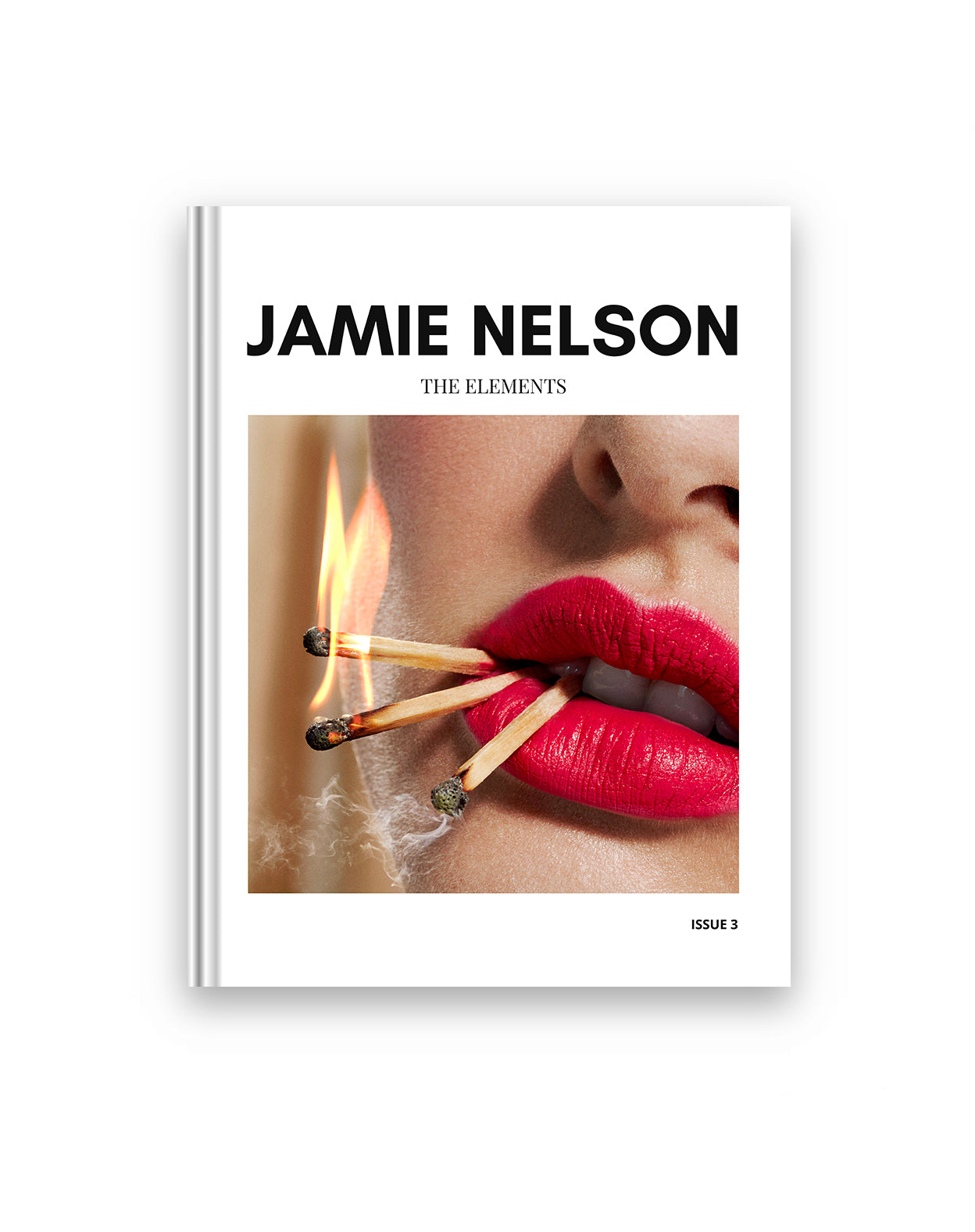 Book cover of 'The Elements' by Jamie Nelson with a close-up of a woman's face and matches on red lips.