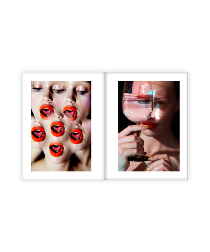 Two framed artworks on a white background, one with a woman with colorful lips and the other with a woman holding a glass of red wine.