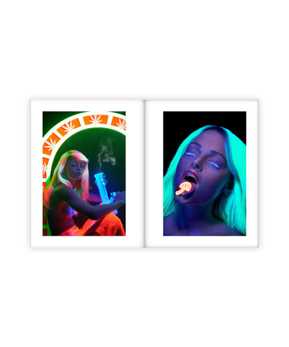Two framed artworks of a person with colorful hair and clothing on a white background.
