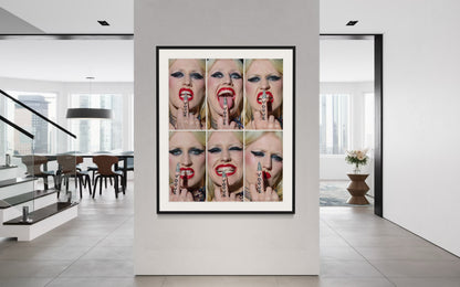 Framed artwork of a six-image collage of Amy Taylor of Amyl and the Sniffers giving multiple expressions including sticking tongue out and flipping the bird with her middle finger with black 'Vogue' tattoo on it.