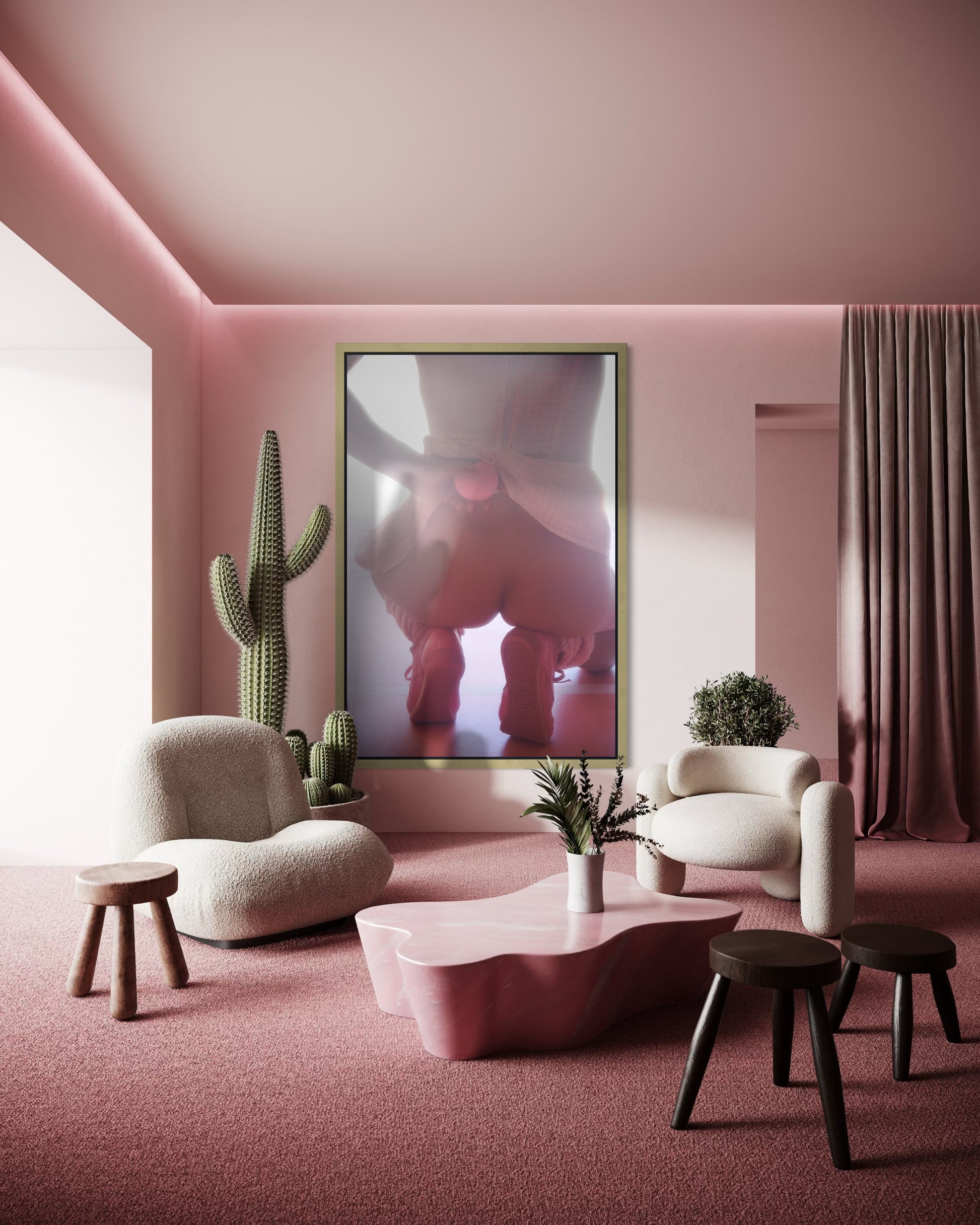 Modern pink living room with cacti and a large framed artwork of a woman's butt as she holds a tennis ball behind her back getting ready to serve.