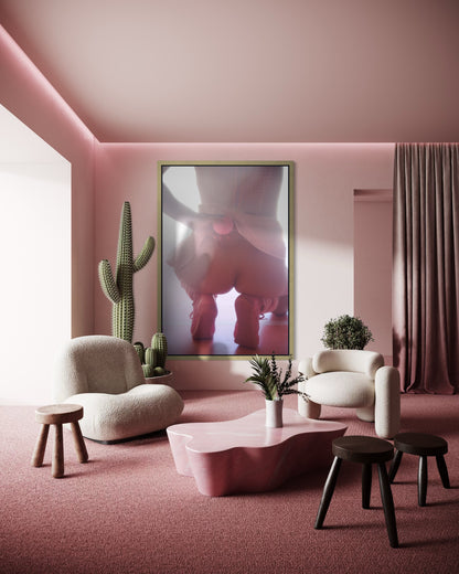 Modern pink living room with cacti and a large framed artwork of a woman's butt as she holds a tennis ball behind her back getting ready to serve.