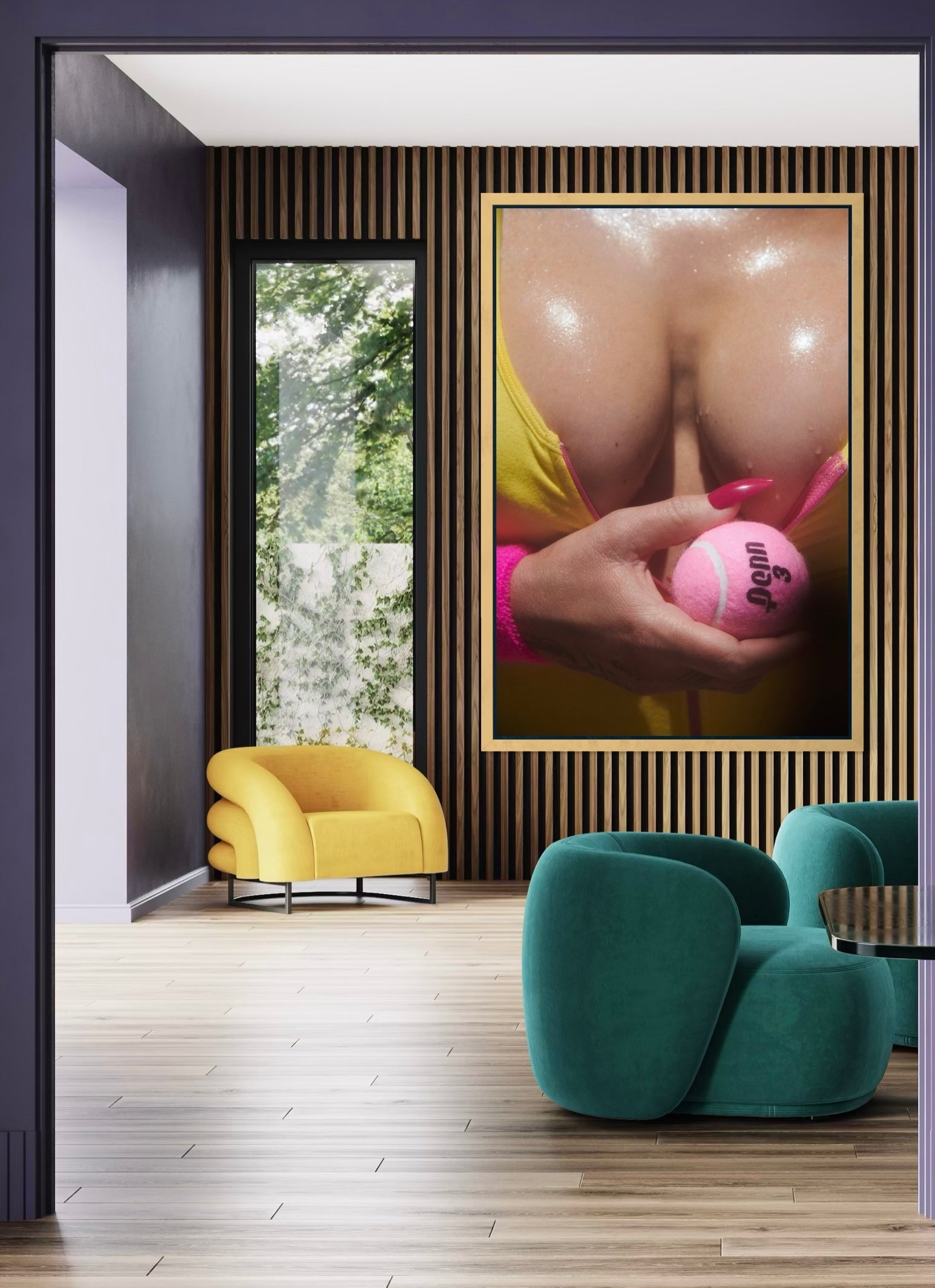 A colorful modern interior with a large artwork on the wall of a woman's breasts as she holds a pink tennis ball with the words "Penn 3" written on it.