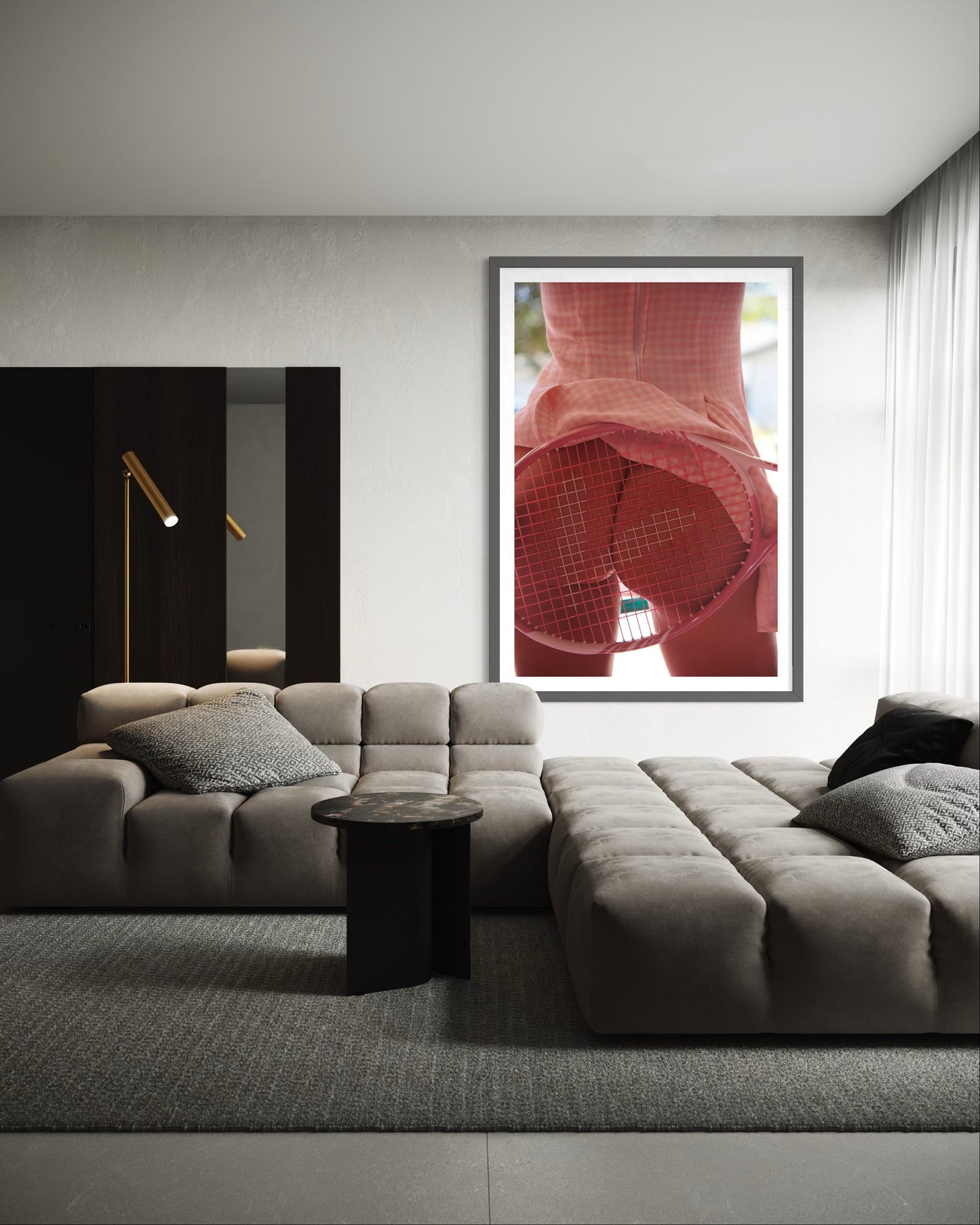 Modern bachelor pad with a large framed artwork hanging of a nude woman's butt with tennis racquet spanking her.