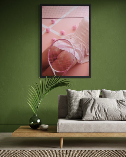 Framed fine art photo of a woman laying down on a pink tennis court wearing a gingham pink tennis skirt with her nude buttocks exposed and a tennis racket obscuring it.