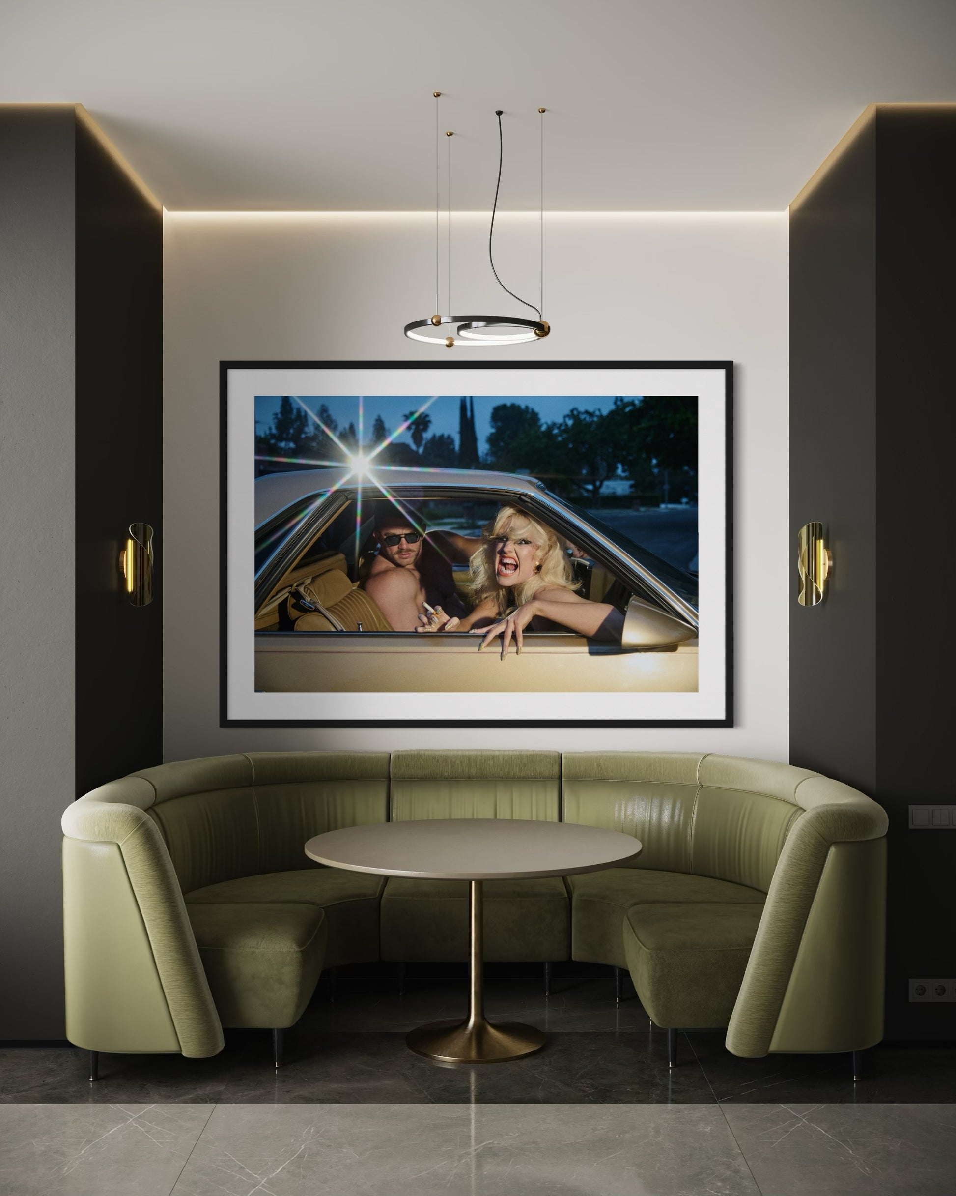Framed artwork of an 80s style crazy woman and a muscular man in a vintage car arguing.