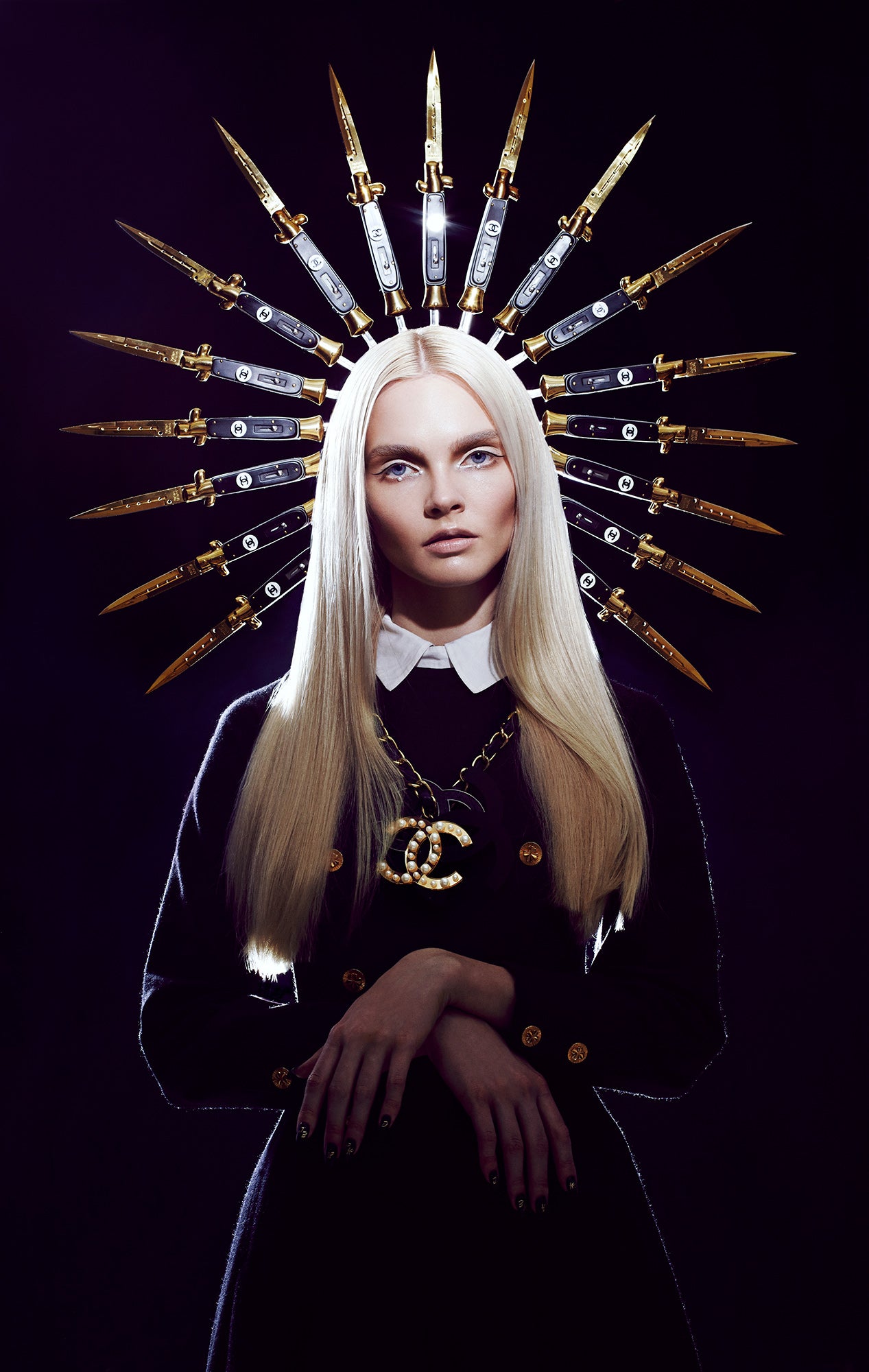 blonde woman girl wearing all chanel luxury couture clothing with custom chanel knife switchblade tiara crown halo headpiece 