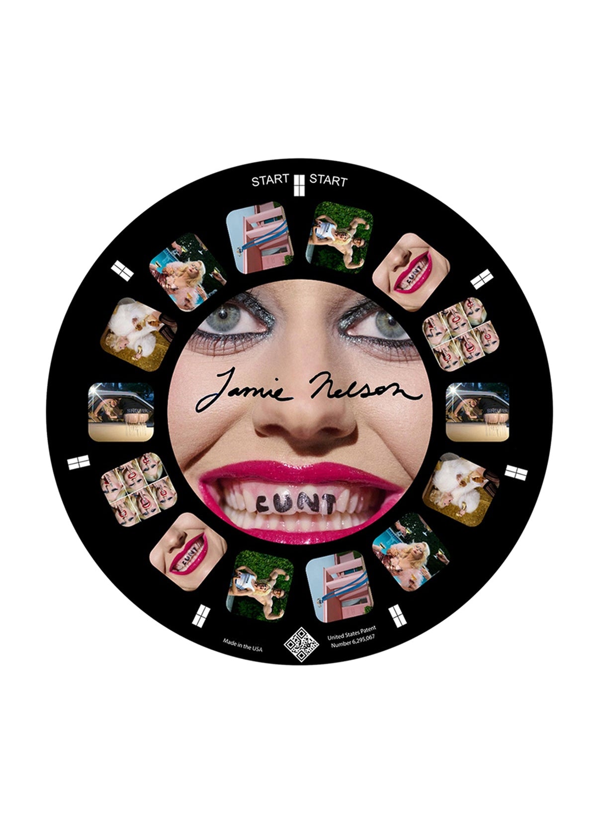 A circular reel for a retro style View-Master toy containing images of a woman smiling with the words "CUNT" written on her teeth. 14 other small images of the woman circle around the main image.