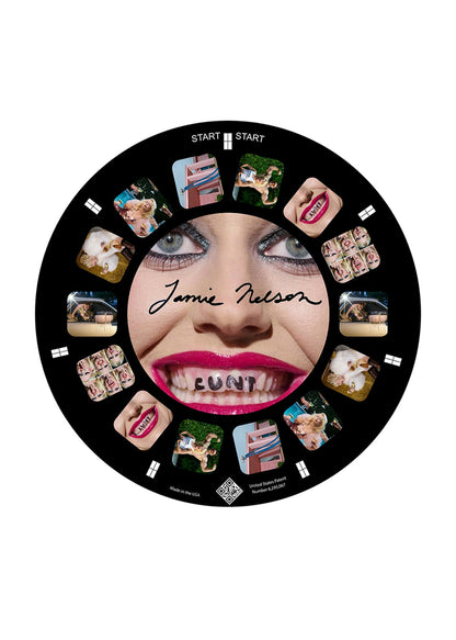A circular reel for a retro style View-Master toy containing images of a woman smiling with the words "CUNT" written on her teeth. 14 other small images of the woman circle around the main image.