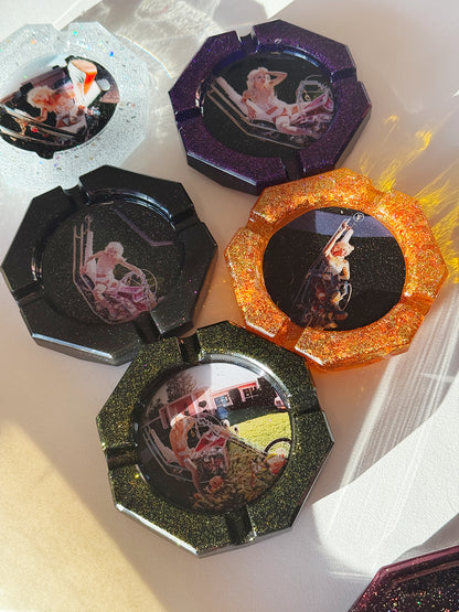 Vintage glitter resin ashtrays with a woman on a motorcycle