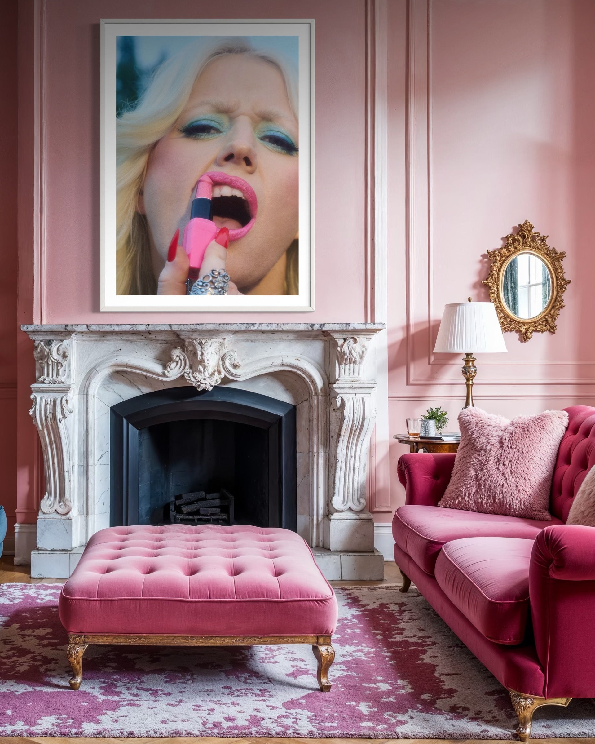 Framed fine art print of Amy Taylor of Amyl and the Sniffers wearing blue eyeshadow and applying pink lipstick that is shaped like a penis.