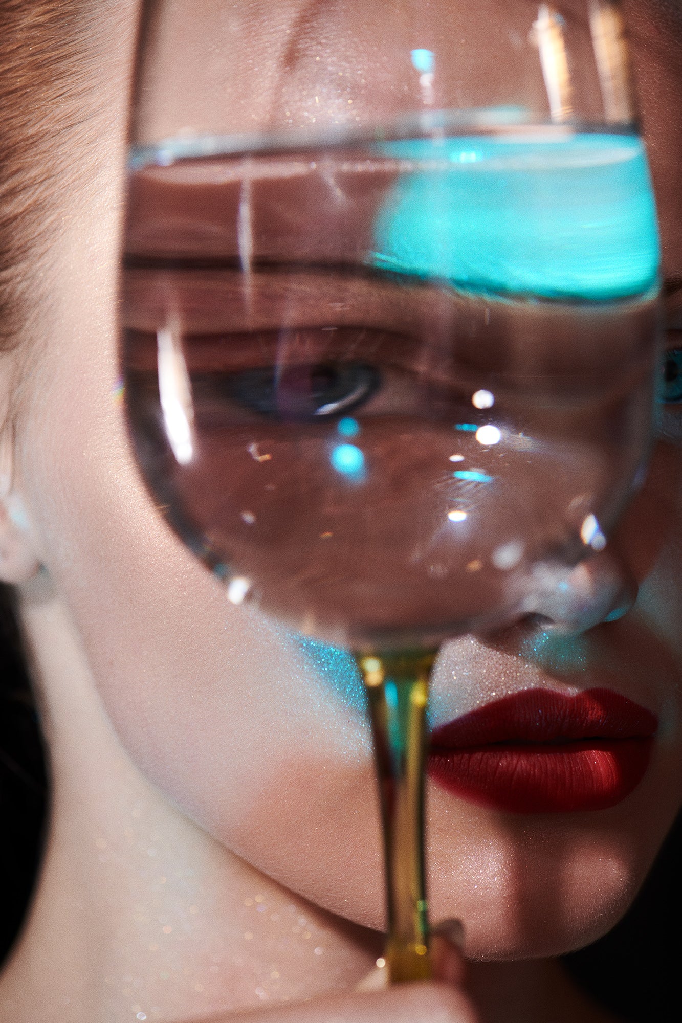 Moody fine art photo of elegant woman with red lips and pencil eyebrows looks through a glass of water as her eye is distorted in the water