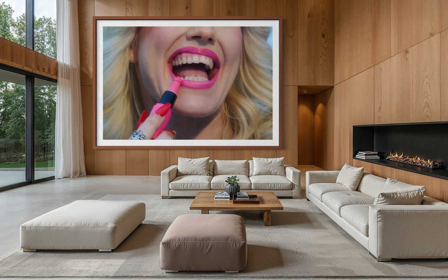 Framed artwork of a close-up photo of a blonde woman (Amy Taylor, punk singer for Amyl and the Sniffers) applying a pink lipstick bullet that is shaped like a penis.