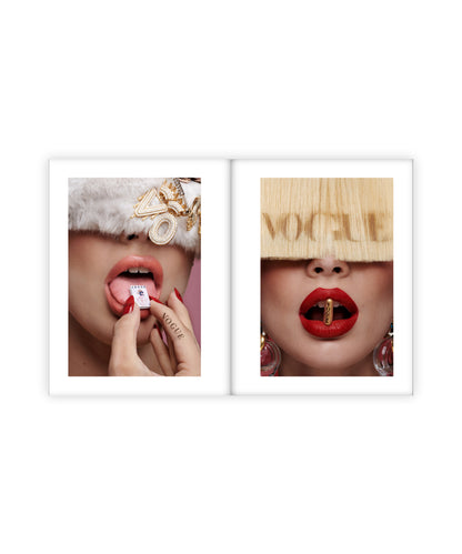 Two framed pictures of a person with red lipstick, one holding a miniature Vogue magazine on her tongue like a drug and the other with fringe hair that reads 'Vogue' with a gold fashion pill in her mouth.