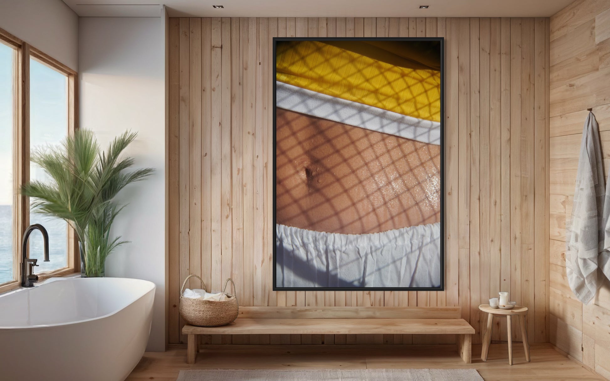 Bathroom with wooden walls, a bathtub, and a large artistic image of a sweaty stomach with tennis racket shadows on it.